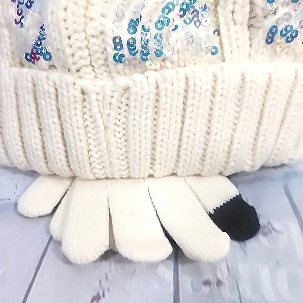 Justice Girls WHITE CBL Knit Sequin Beanie w/faux fur & Gloves 2-Piece Set NWT